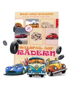 Cover eines Malbuchs mit Autos und Reifen