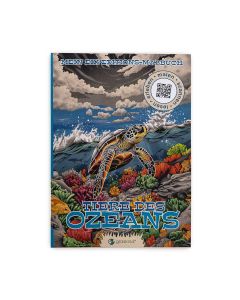 Malbuch "Tiere des Ozeans" mit Meeresschildkröte und QR-Code auf weißem Hintergrund.