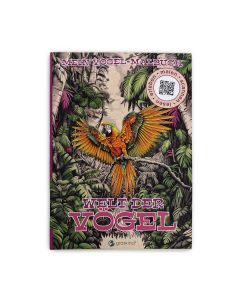 Vogel-Malbuch mit Papagei und QR-Code auf dem Cover, vor weißem Hintergrund fotografiert.