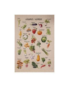 Gemüsesorten auf deutsch und französisch auf einem Poster aus Graspapier